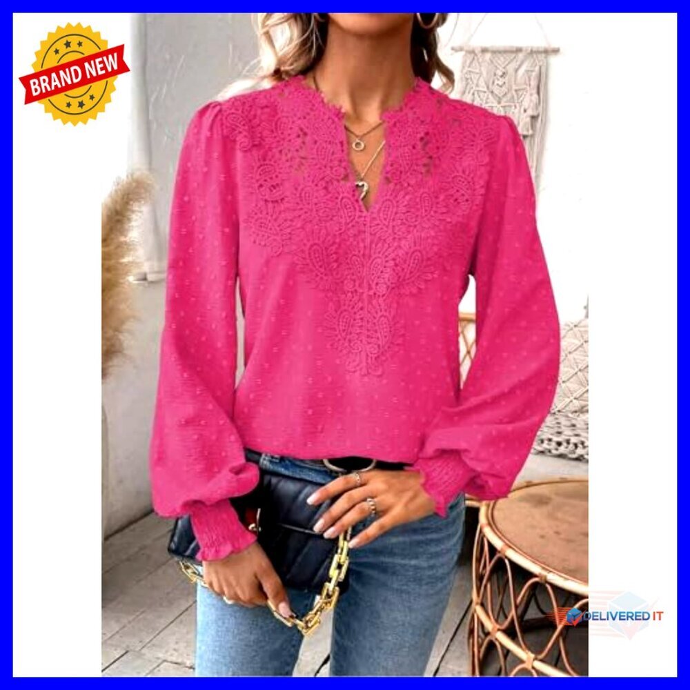 Swiss Dot Chiffon Blouse V Neck Long Sleeve Boho Lace Hem Flowy Casual - Picture 6 of 7